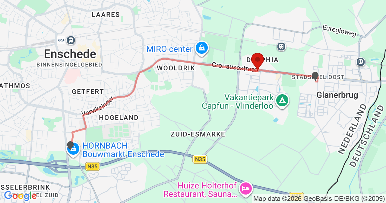 Kaart van het incident in Enschede met de aanrijroutes van de gealarmeerde eenheden