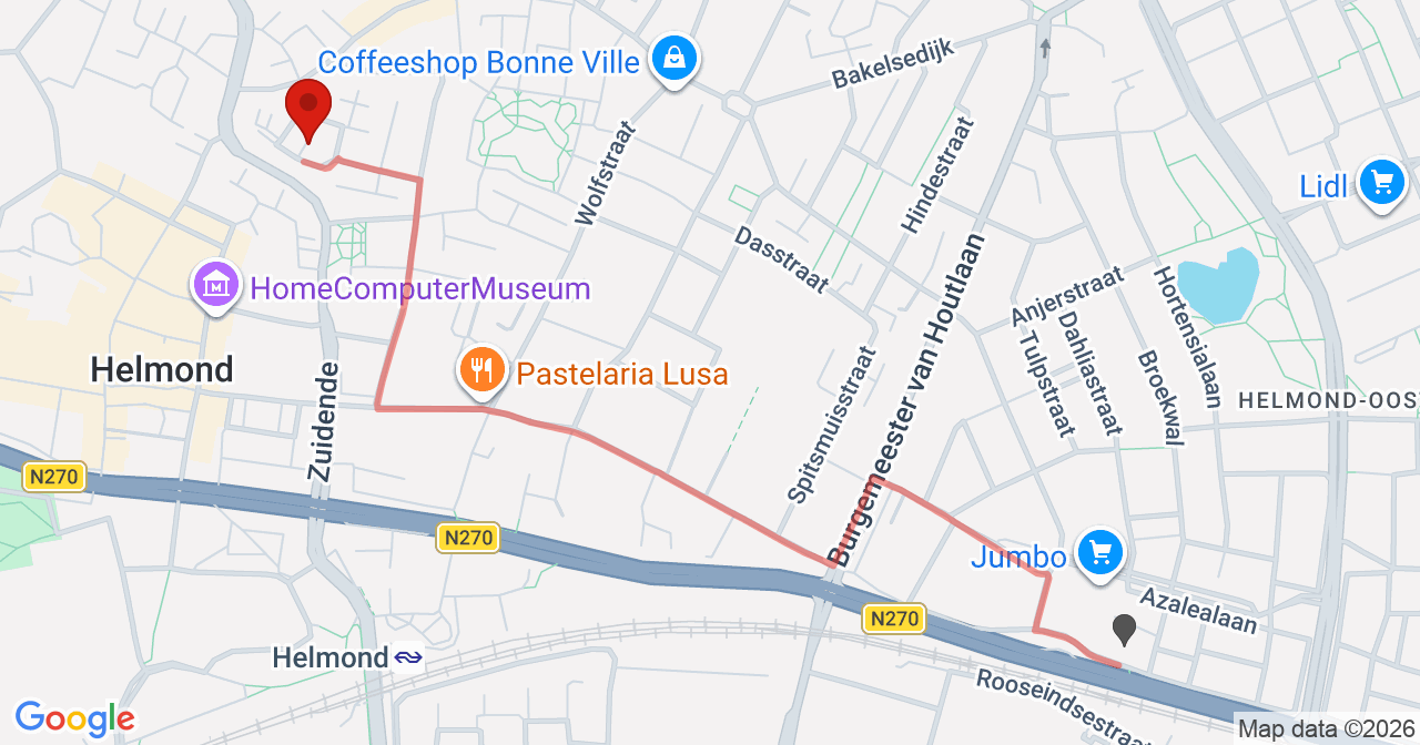 Kaart van het incident in Helmond met de aanrijroutes van de gealarmeerde eenheden