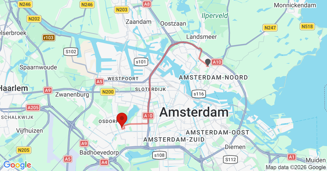 Kaart van het incident in Amsterdam met de aanrijroutes van de gealarmeerde eenheden