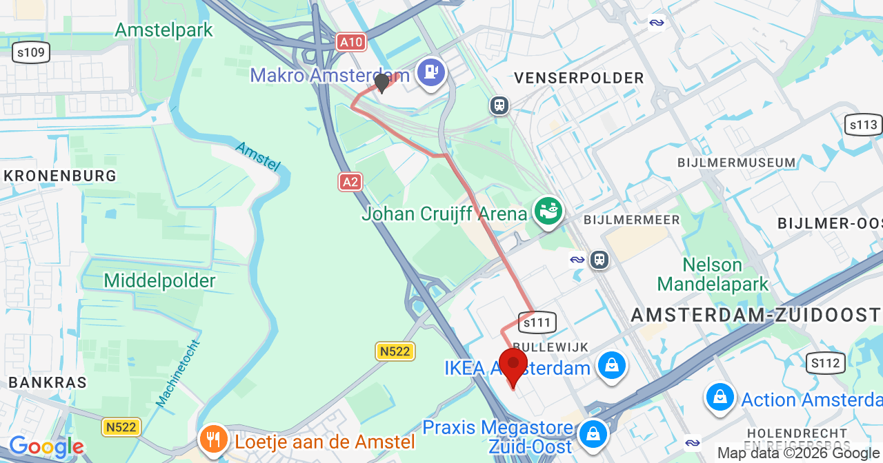 Kaart van het incident in Amsterdam met de aanrijroutes van de gealarmeerde eenheden