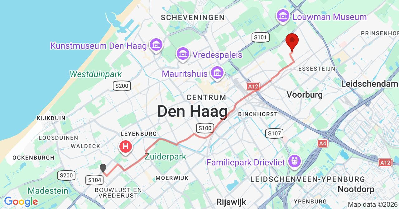 Kaart van het incident in 's-Gravenhage met de aanrijroutes van de gealarmeerde eenheden