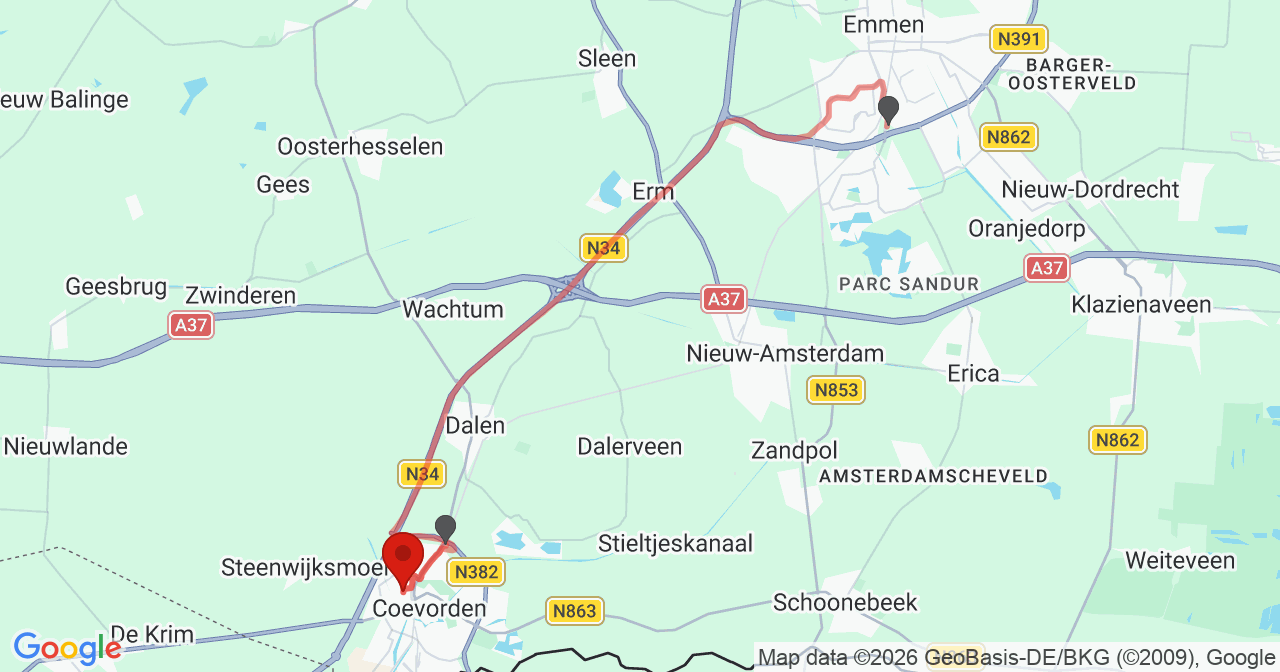 Kaart van het incident in Coevorden met de aanrijroutes van de gealarmeerde eenheden