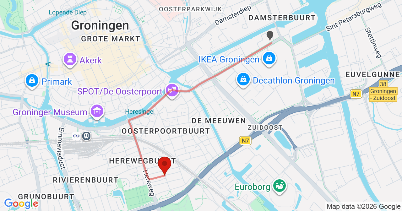 Kaart van het incident in Groningen met de aanrijroutes van de gealarmeerde eenheden