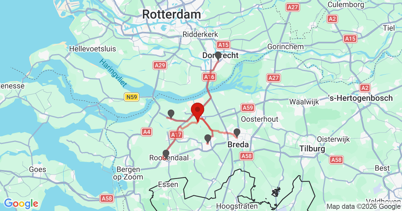 Kaart van het incident in Zevenbergen met de aanrijroutes van de gealarmeerde eenheden