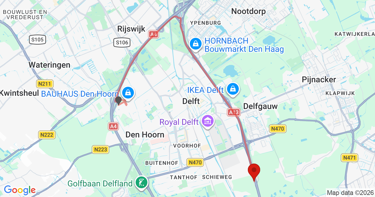 Kaart van het incident in Delft met de aanrijroutes van de gealarmeerde eenheden