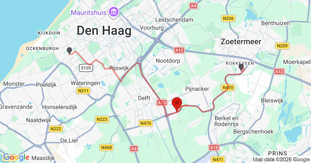 Kaart van het incident in Delfgauw met de aanrijroutes van de gealarmeerde eenheden