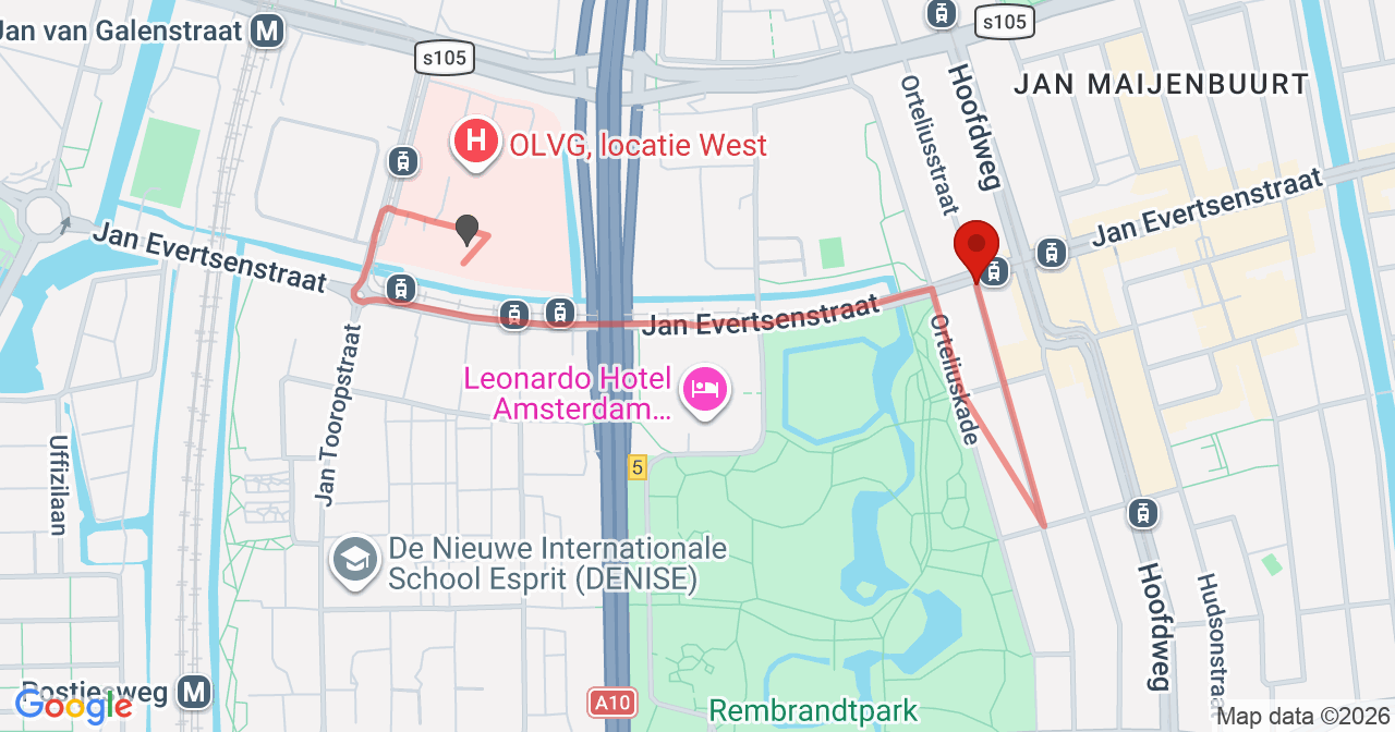Kaart van het incident in Amsterdam met de aanrijroutes van de gealarmeerde eenheden
