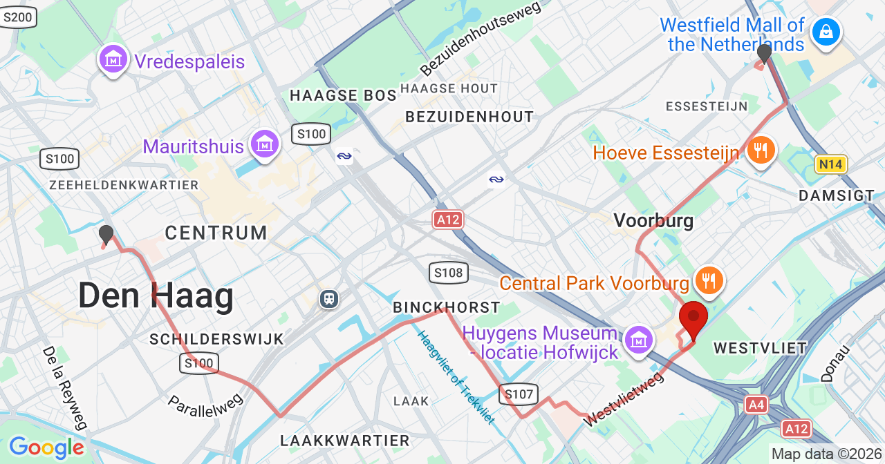 Kaart van het incident in 's-Gravenhage met de aanrijroutes van de gealarmeerde eenheden