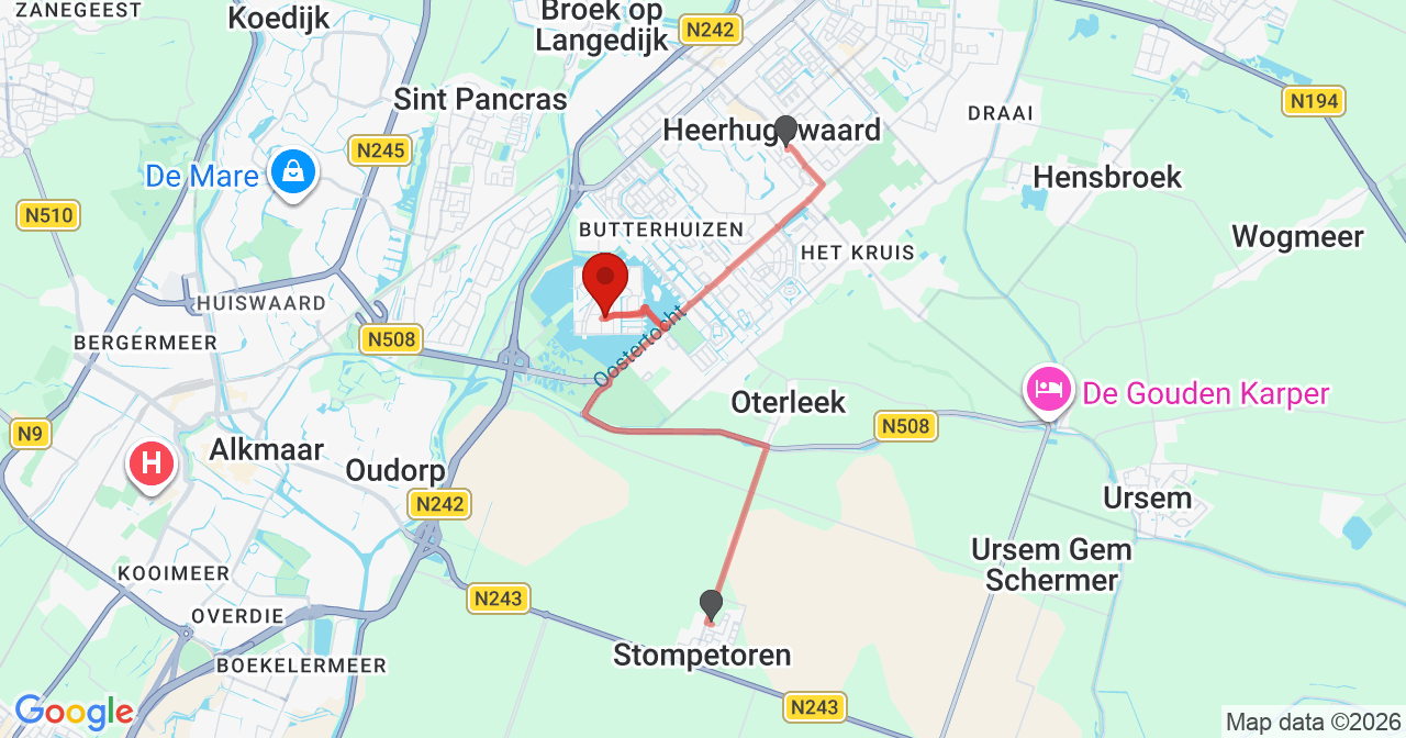 Kaart van het incident in Heerhugowaard met de aanrijroutes van de gealarmeerde eenheden