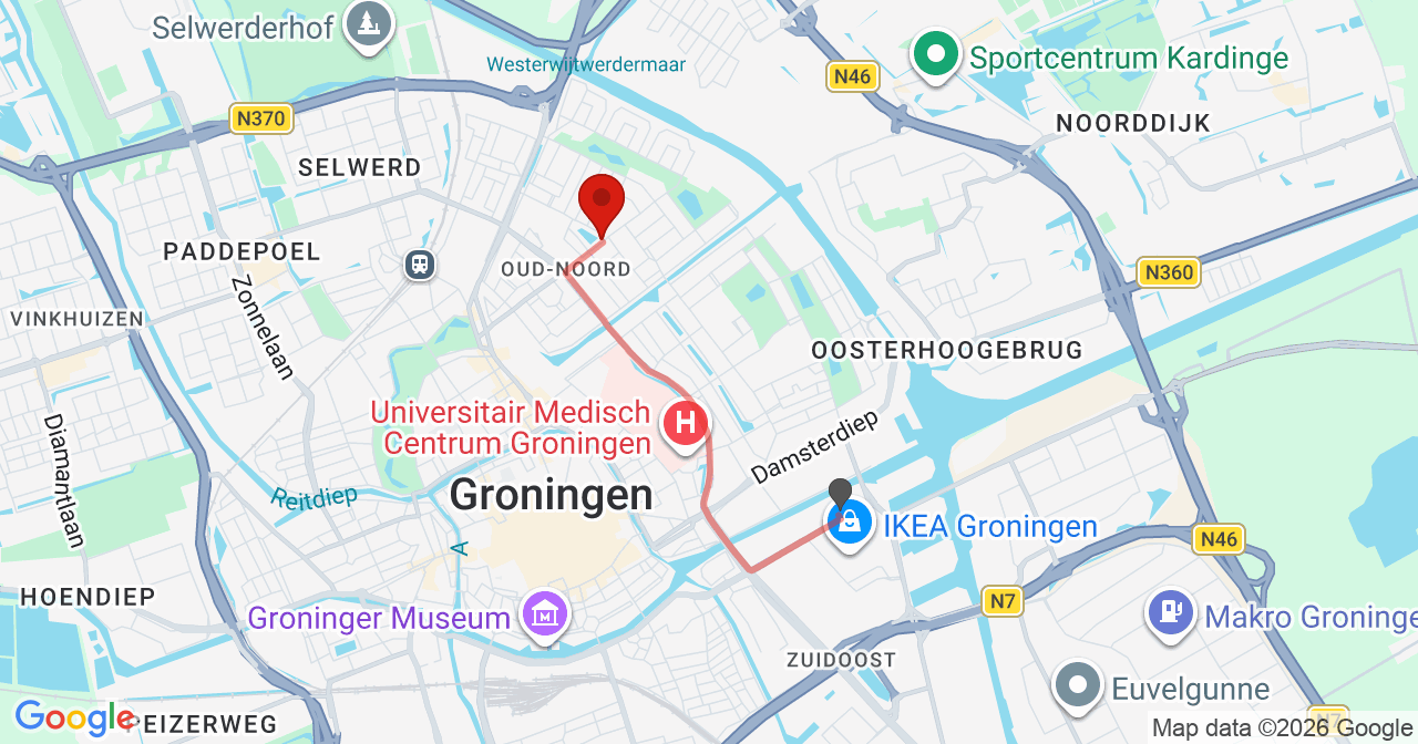 Kaart van het incident in Groningen met de aanrijroutes van de gealarmeerde eenheden