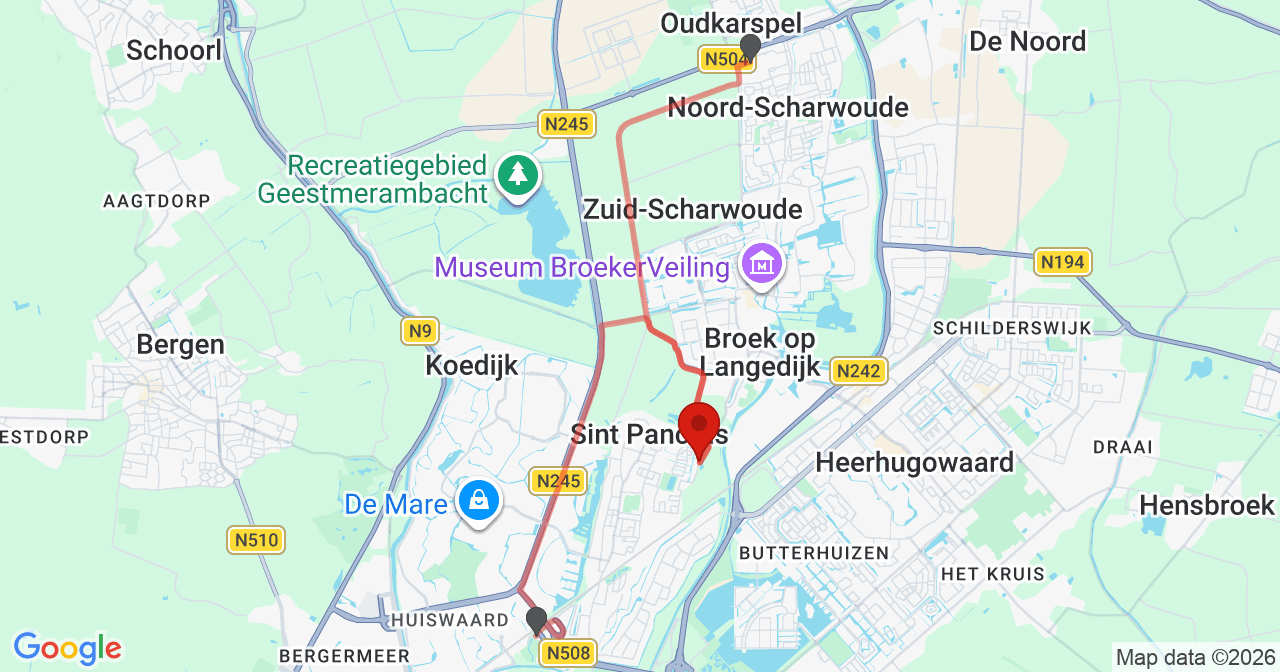 Kaart van het incident in Sint met de aanrijroutes van de gealarmeerde eenheden