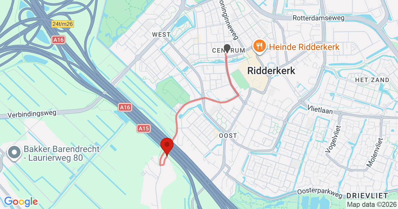 Kaart van het incident in Ridderkerk met de aanrijroutes van de gealarmeerde eenheden