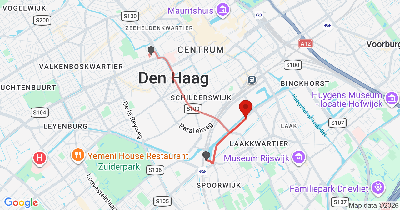 Kaart van het incident in 's-Gravenhage met de aanrijroutes van de gealarmeerde eenheden