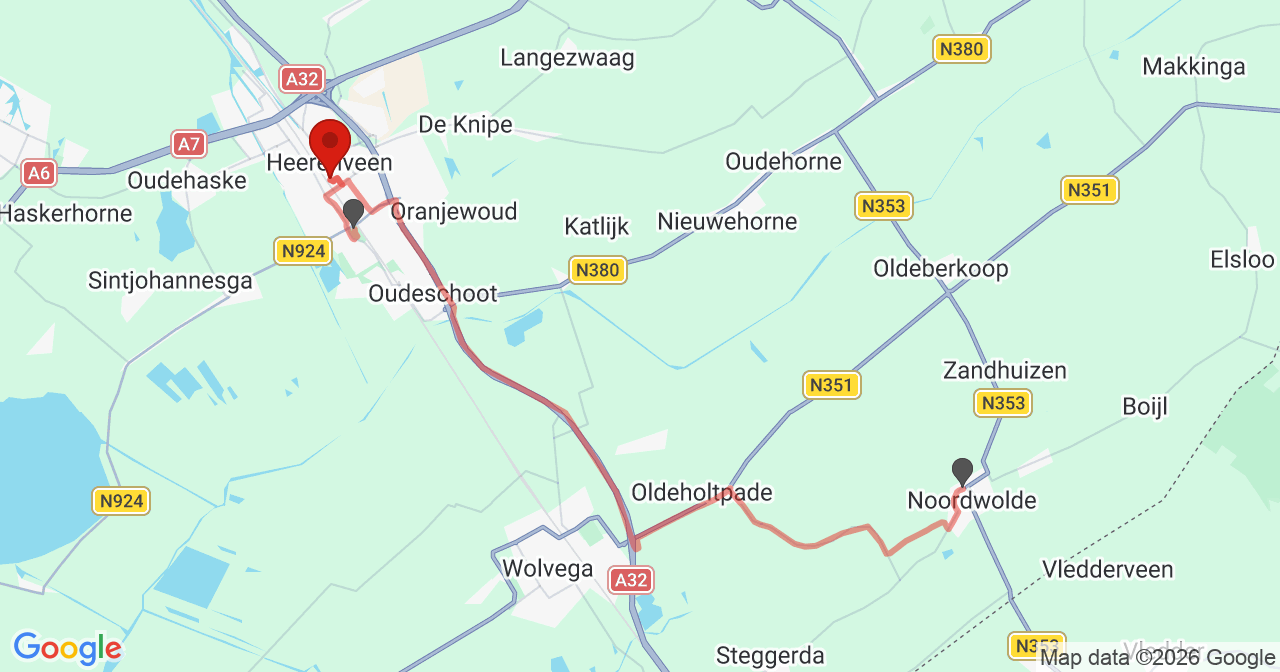 Kaart van het incident in Heerenveen met de aanrijroutes van de gealarmeerde eenheden