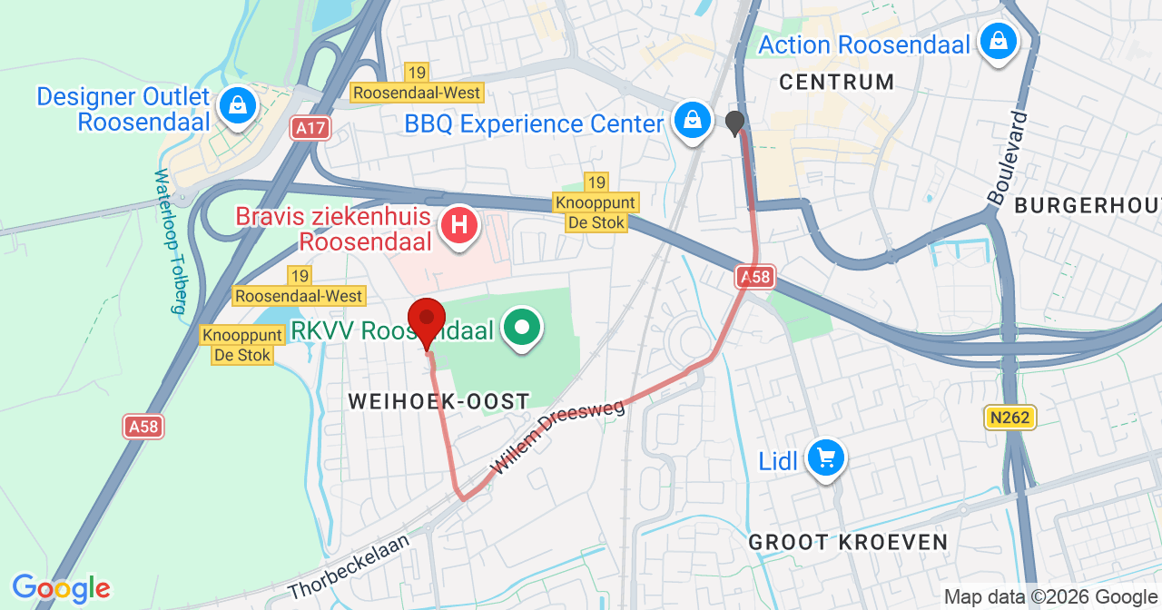 Kaart van het incident in Roosendaal met de aanrijroutes van de gealarmeerde eenheden