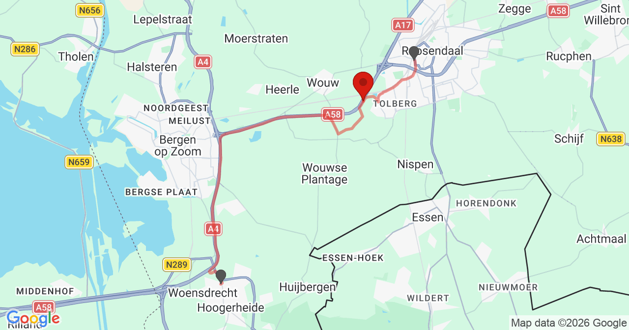 Kaart van het incident in Roosendaal met de aanrijroutes van de gealarmeerde eenheden