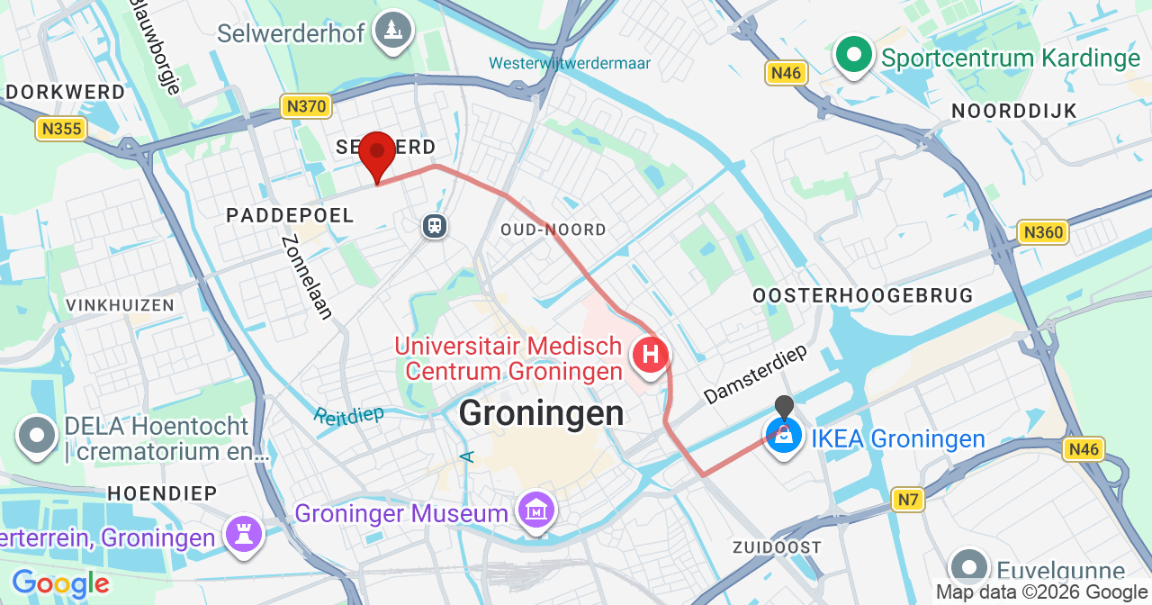 Kaart van het incident in Groningen met de aanrijroutes van de gealarmeerde eenheden