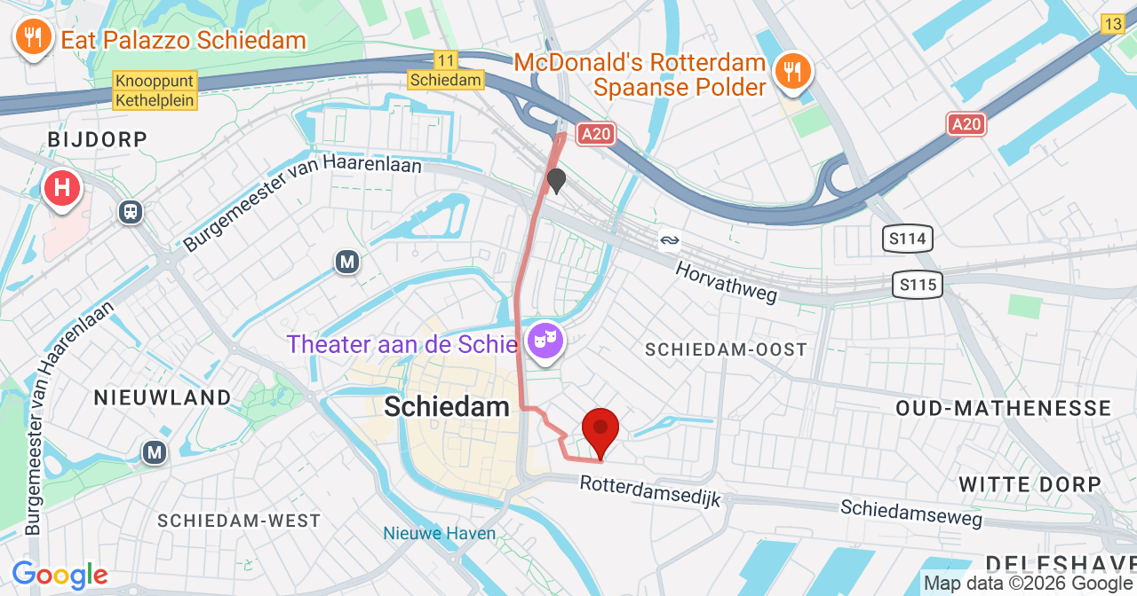Kaart van het incident in Schiedam met de aanrijroutes van de gealarmeerde eenheden
