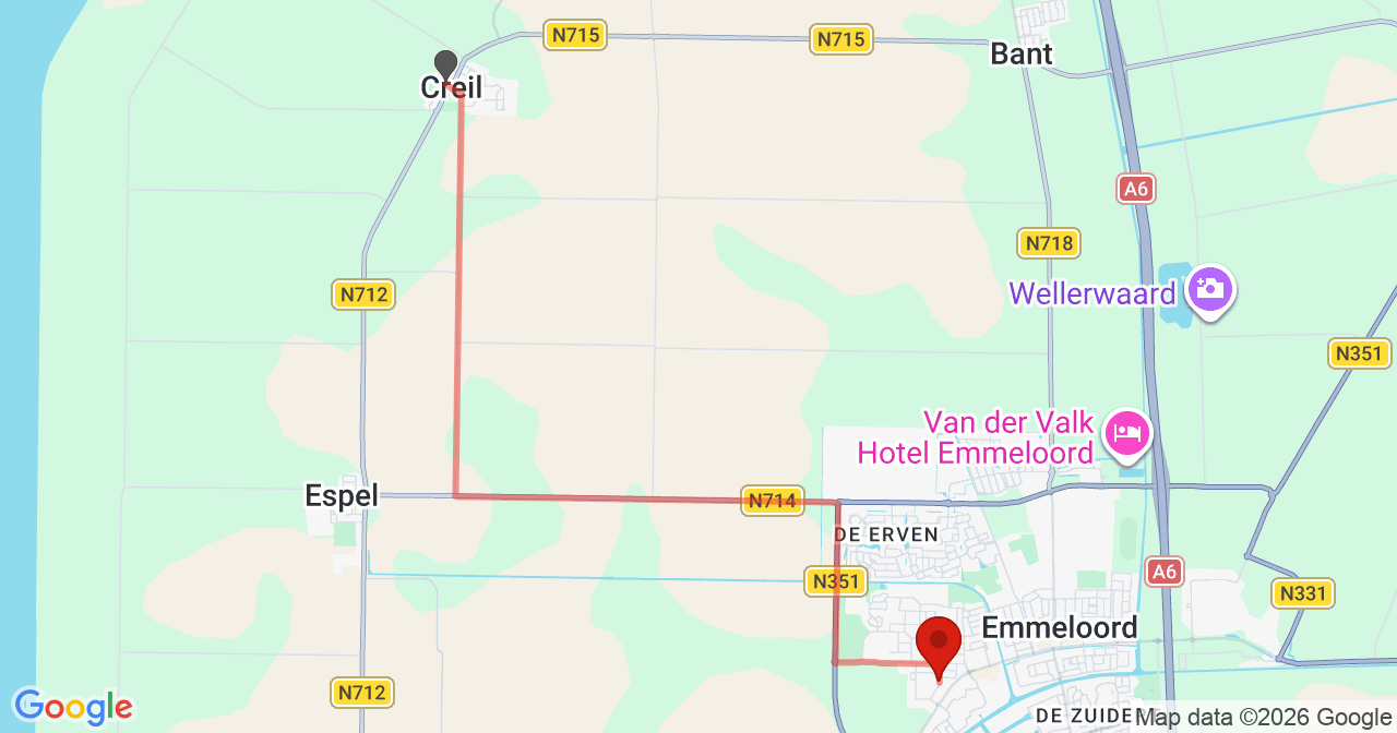Kaart van het incident in Emmeloord met de aanrijroutes van de gealarmeerde eenheden