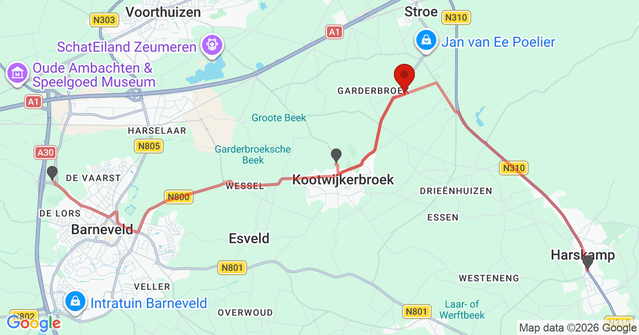 Kaart van het incident in Kootwijkerbroek met de aanrijroutes van de gealarmeerde eenheden