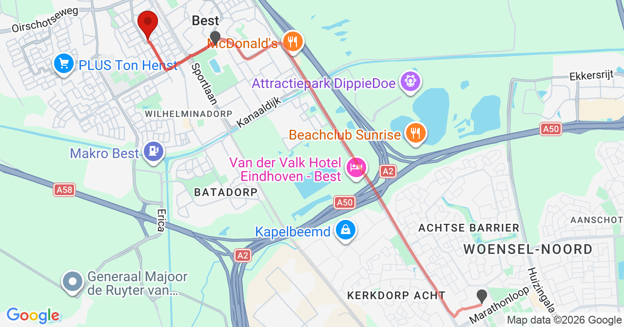 Kaart van het incident in Best met de aanrijroutes van de gealarmeerde eenheden