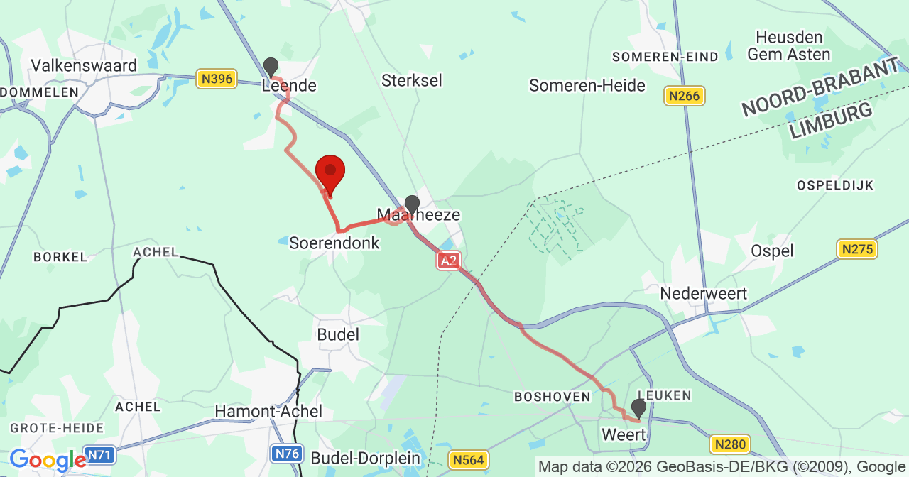 Kaart van het incident in Soerendonk met de aanrijroutes van de gealarmeerde eenheden