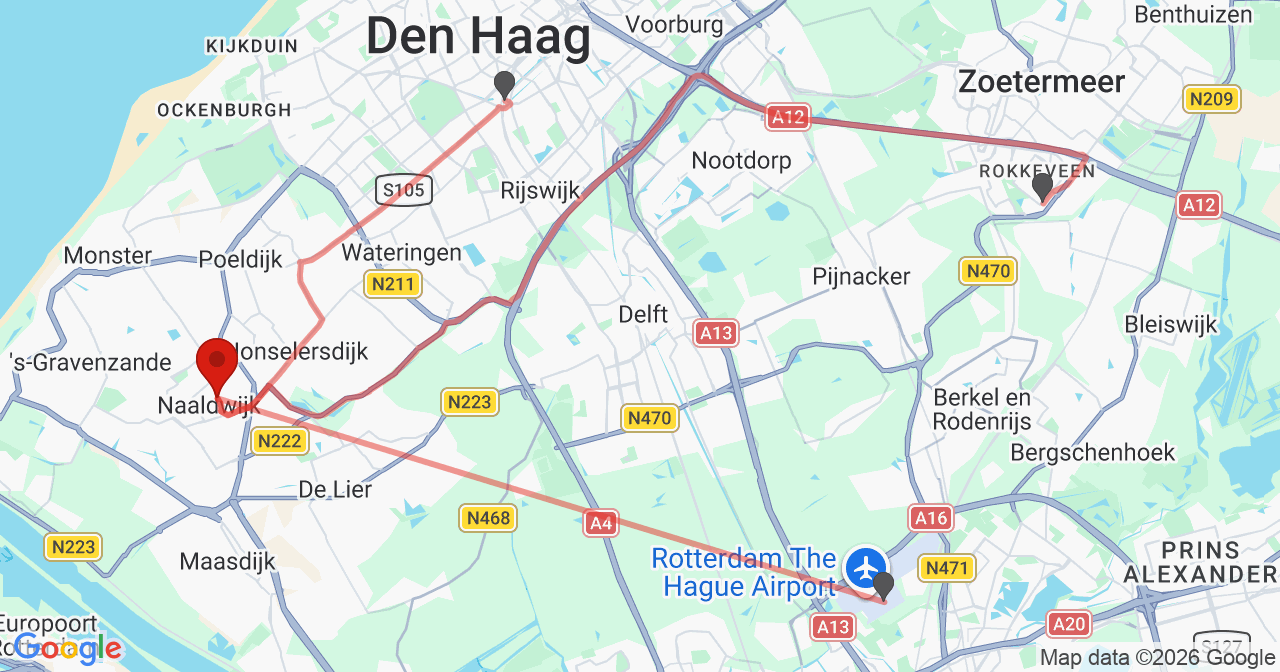 Kaart van het incident in Naaldwijk met de aanrijroutes van de gealarmeerde eenheden