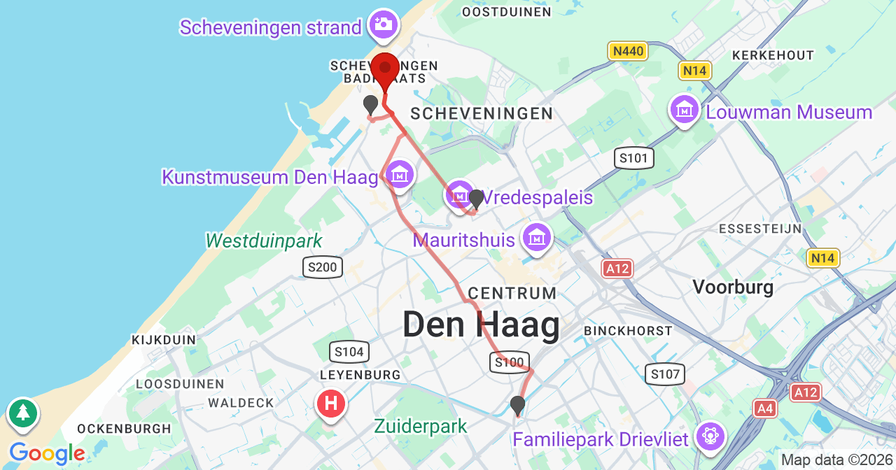 Kaart van het incident in 's-Gravenhage met de aanrijroutes van de gealarmeerde eenheden