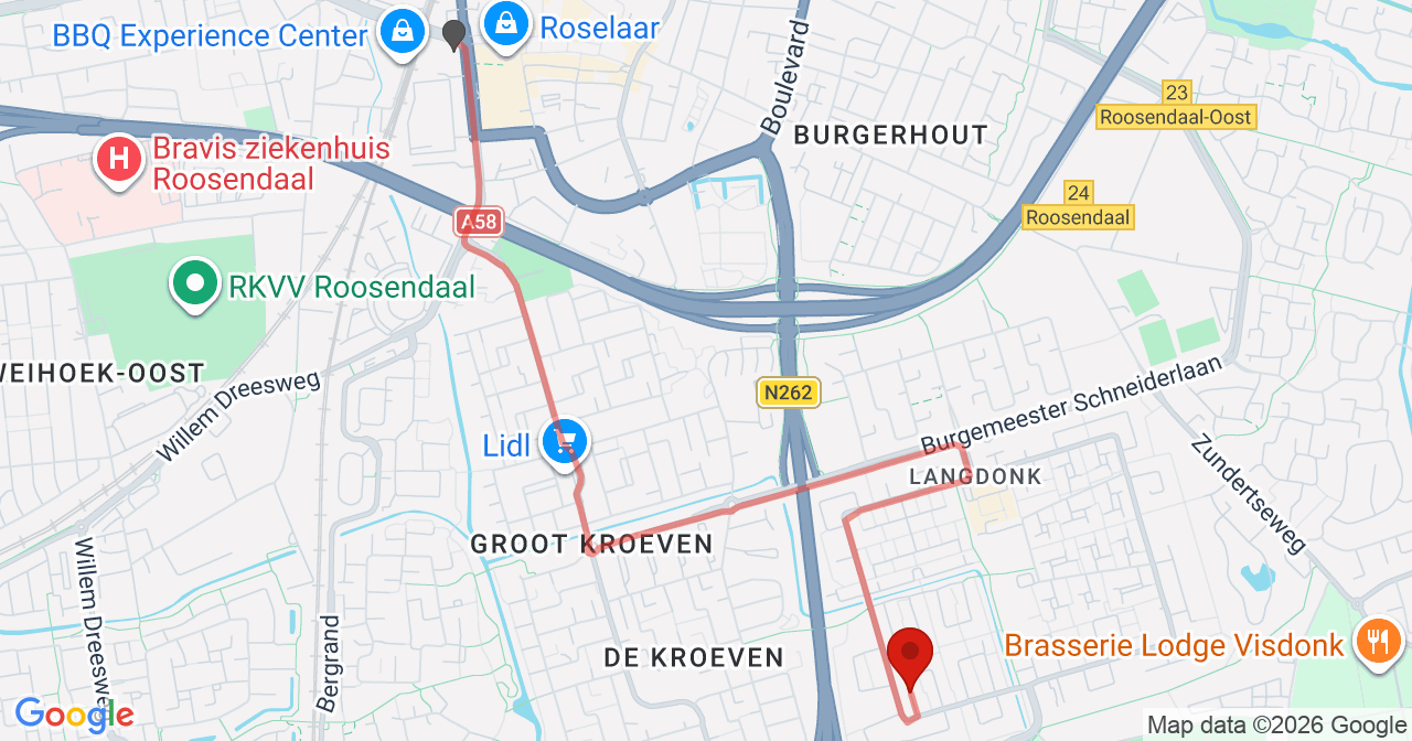 Kaart van het incident in Roosendaal met de aanrijroutes van de gealarmeerde eenheden