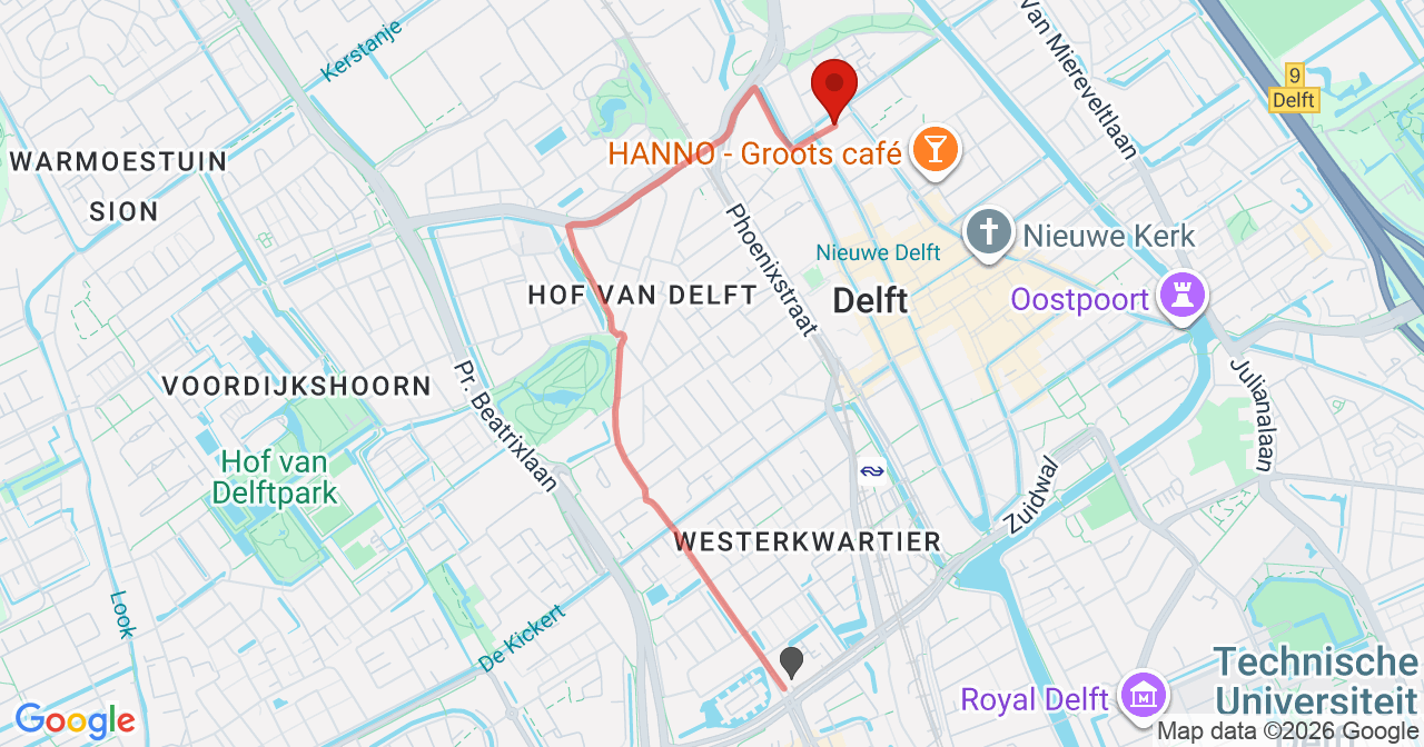 Kaart van het incident in Delft met de aanrijroutes van de gealarmeerde eenheden