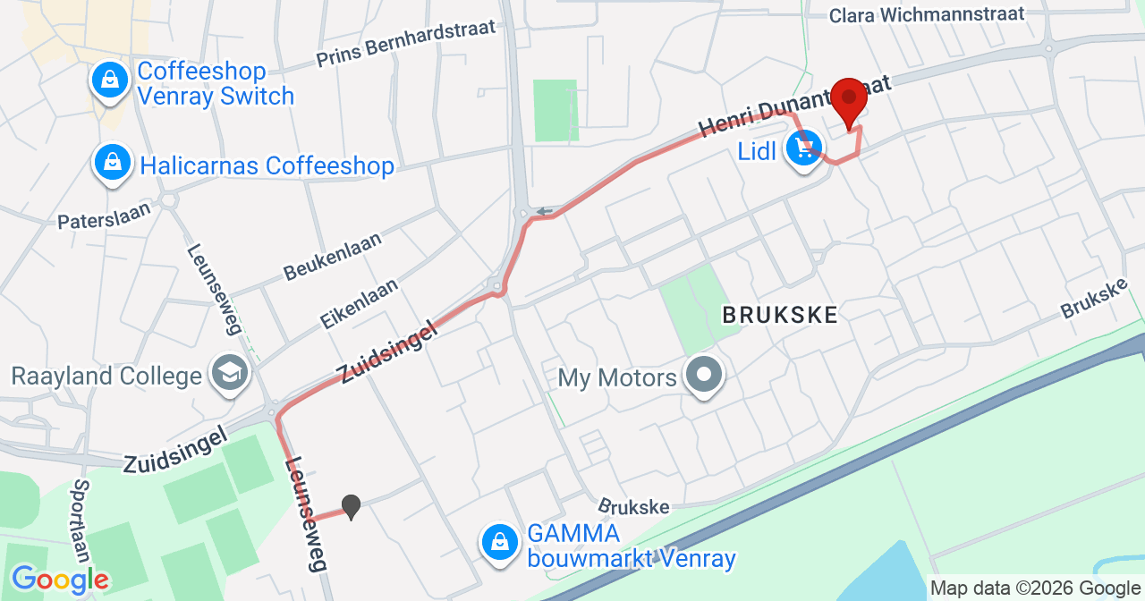 Kaart van het incident in Venray met de aanrijroutes van de gealarmeerde eenheden