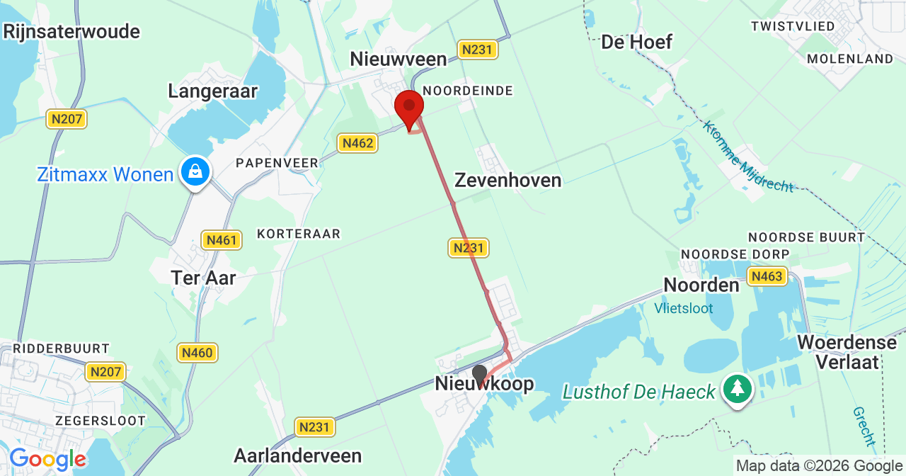 Kaart van het incident in Nieuwveen met de aanrijroutes van de gealarmeerde eenheden