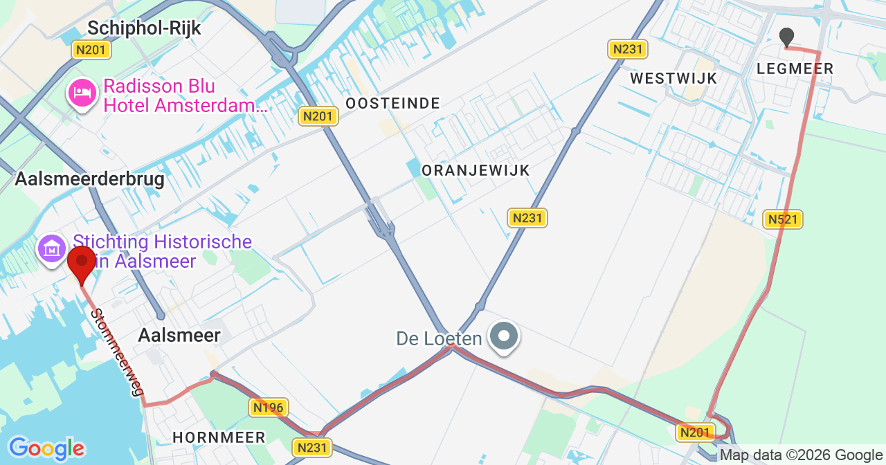 Kaart van het incident in Aalsmeer met de aanrijroutes van de gealarmeerde eenheden