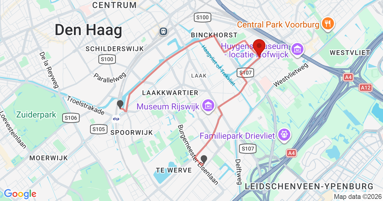 Kaart van het incident in 's-Gravenhage met de aanrijroutes van de gealarmeerde eenheden