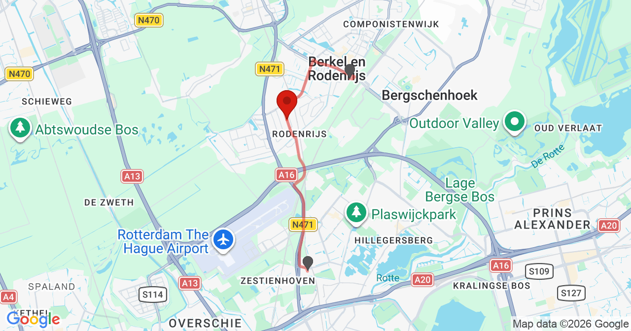 Kaart van het incident in Berkel en Rodenrijs met de aanrijroutes van de gealarmeerde eenheden