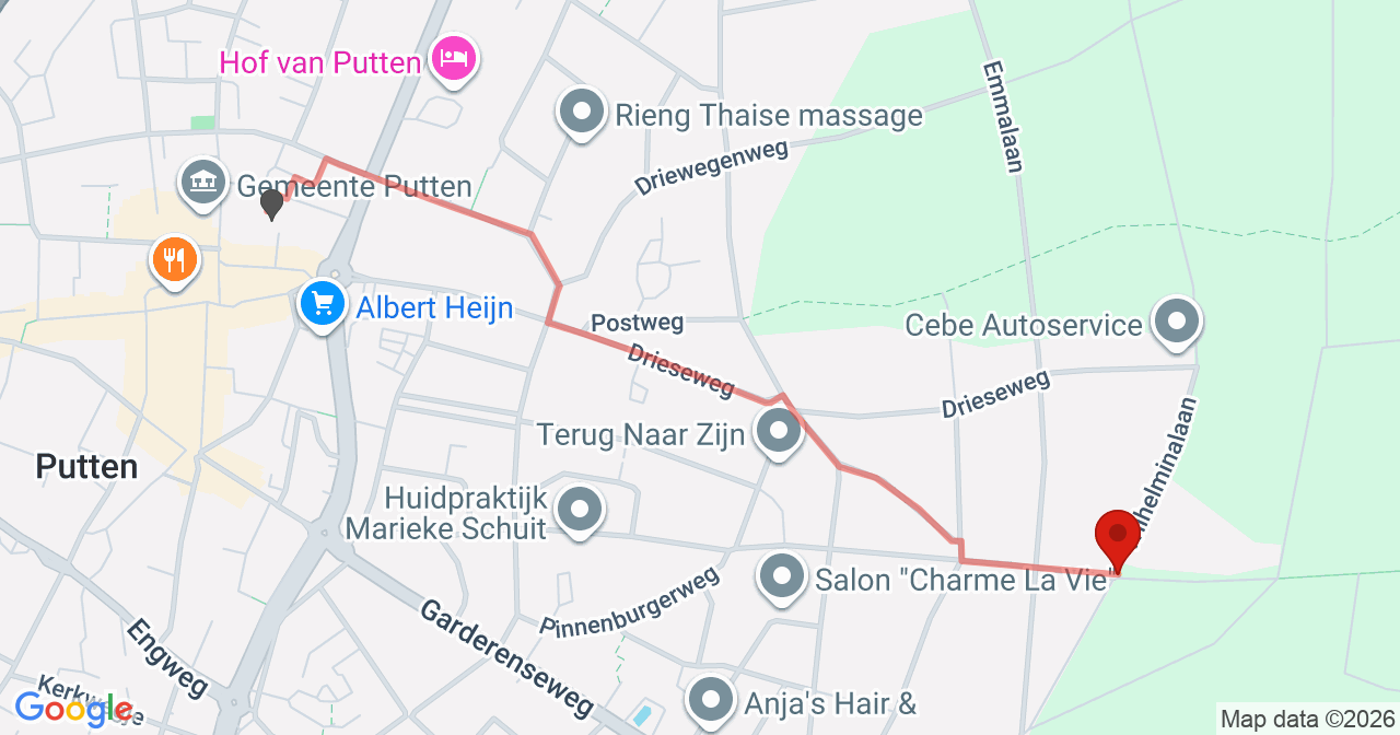 Kaart van het incident in Putten met de aanrijroutes van de gealarmeerde eenheden