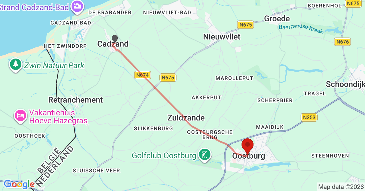 Kaart van het incident in Oostburg met de aanrijroutes van de gealarmeerde eenheden