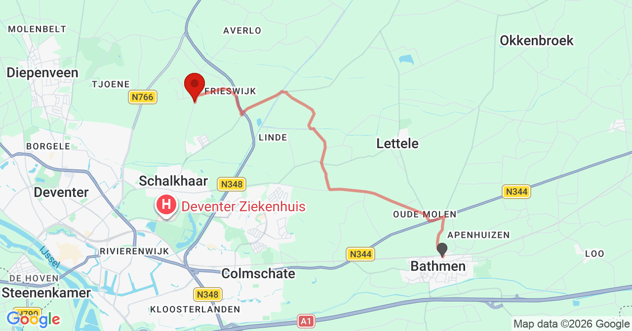 Kaart van het incident in Schalkhaar met de aanrijroutes van de gealarmeerde eenheden