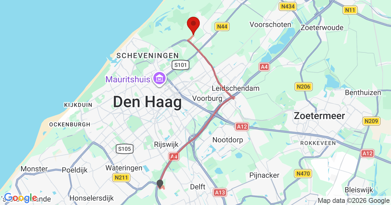 Kaart van het incident in Wassenaar met de aanrijroutes van de gealarmeerde eenheden
