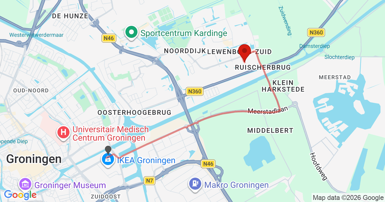 Kaart van het incident in Groningen met de aanrijroutes van de gealarmeerde eenheden