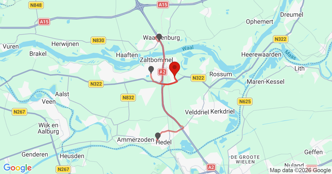 Kaart van het incident in Zaltbommel met de aanrijroutes van de gealarmeerde eenheden
