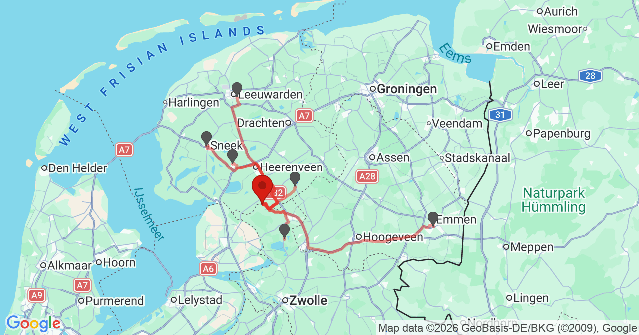 Kaart van het incident in Oldetrijne met de aanrijroutes van de gealarmeerde eenheden