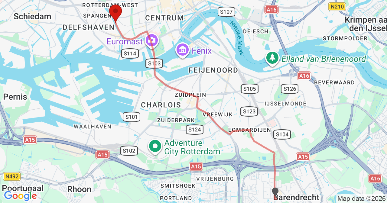 Kaart van het incident in Rotterdam met de aanrijroutes van de gealarmeerde eenheden