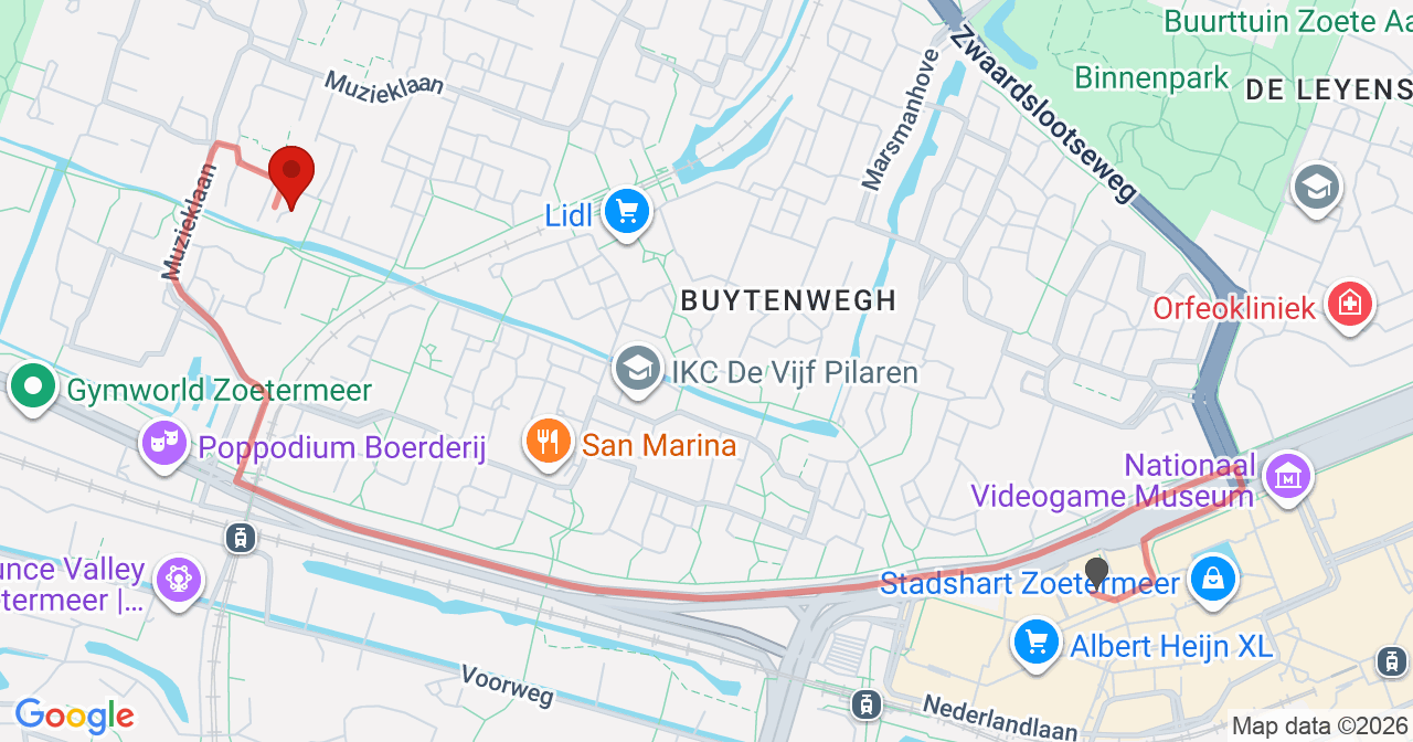 Kaart van het incident in Zoetermeer met de aanrijroutes van de gealarmeerde eenheden