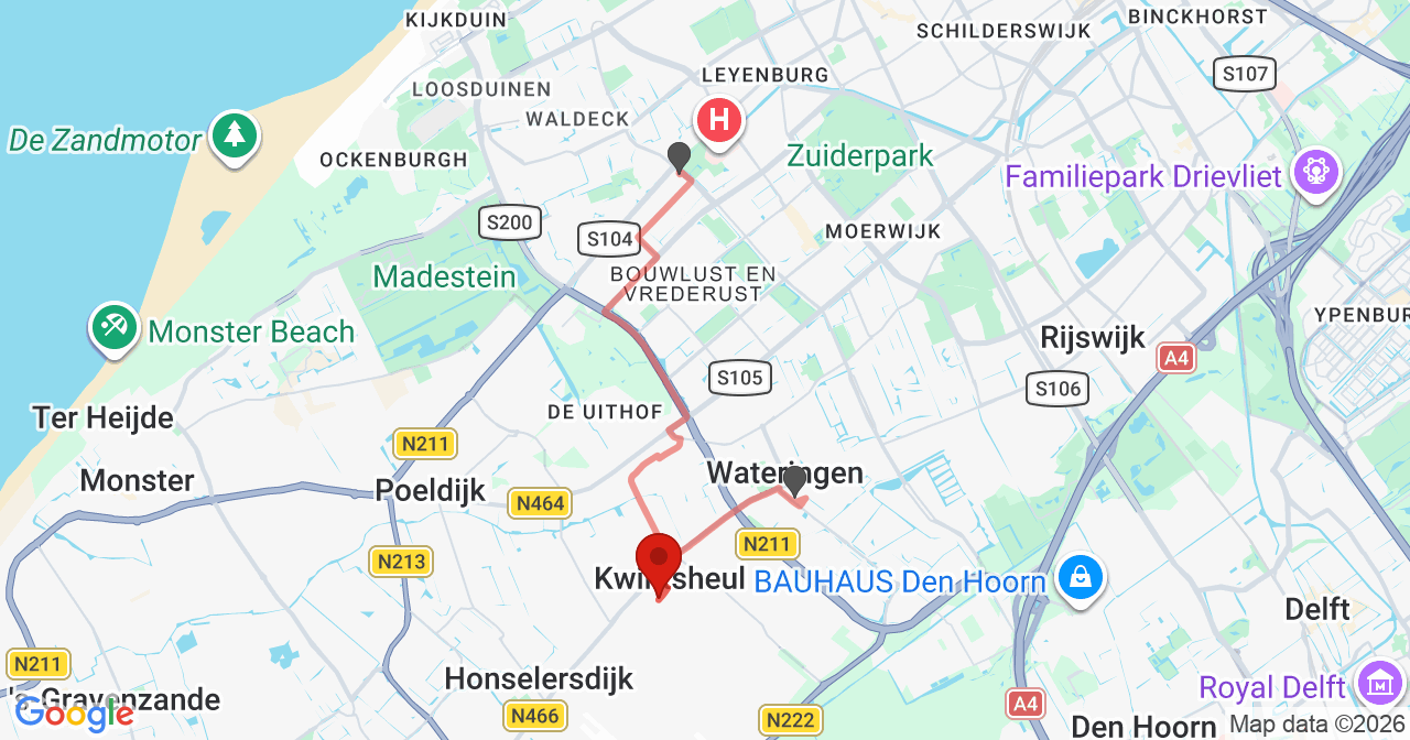 Kaart van het incident in Kwintsheul met de aanrijroutes van de gealarmeerde eenheden