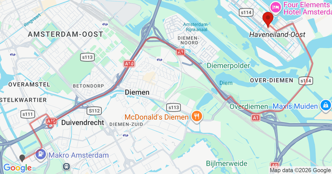 Kaart van het incident in Amsterdam met de aanrijroutes van de gealarmeerde eenheden