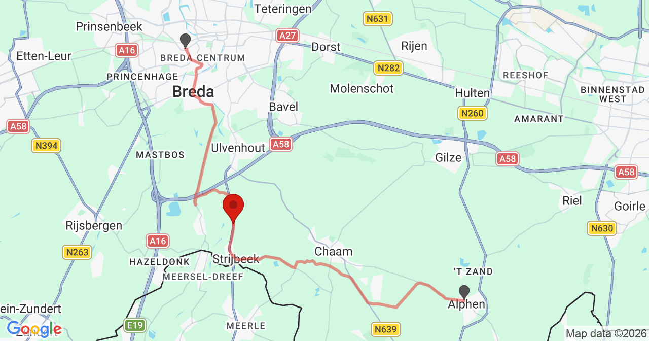 Kaart van het incident in Strijbeek met de aanrijroutes van de gealarmeerde eenheden