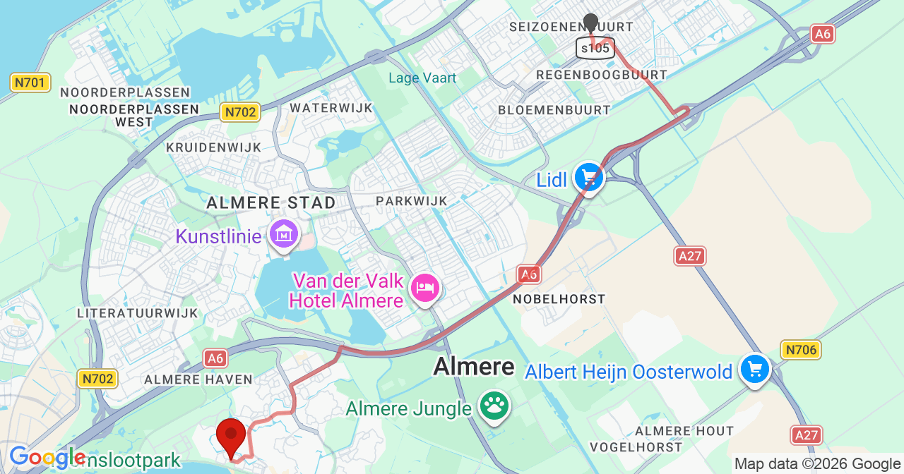 Kaart van het incident in Almere met de aanrijroutes van de gealarmeerde eenheden