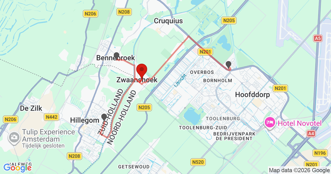 Kaart van het incident in Zwaanshoek met de aanrijroutes van de gealarmeerde eenheden