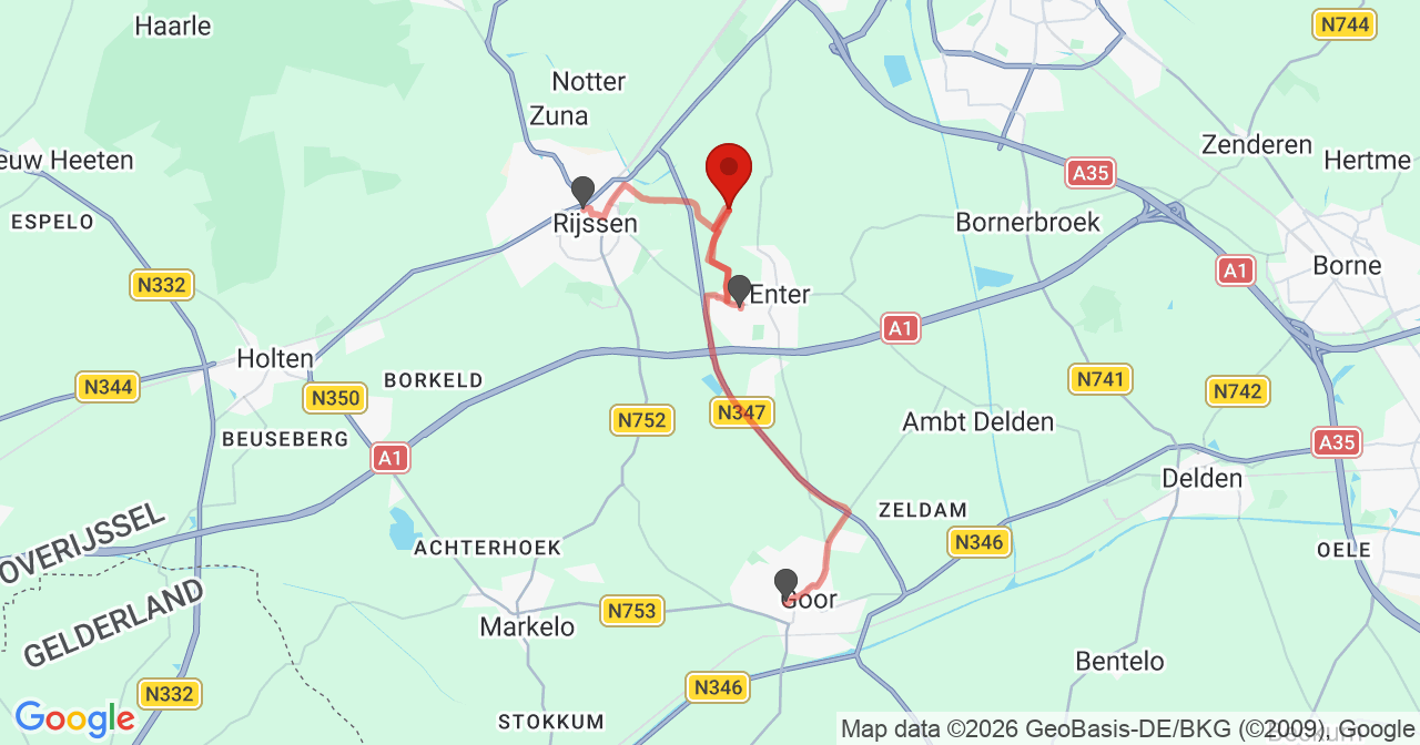 Kaart van het incident in Enter met de aanrijroutes van de gealarmeerde eenheden